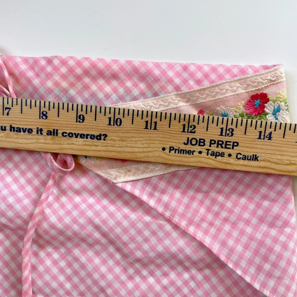 Vintage Pink Gingham Floral Embroidered Tie Back Head Scarf Bandana Folk Cottage
